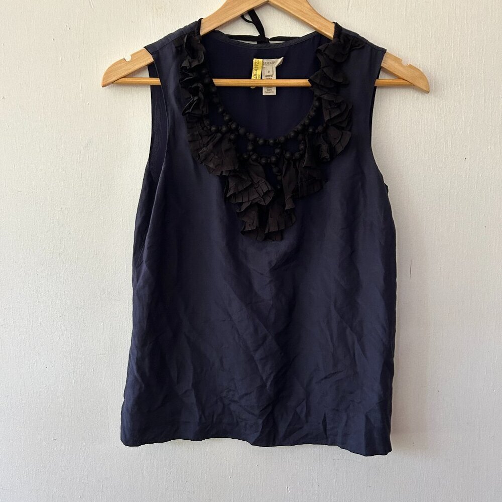 J. Crew Sleeveless Silk Blend Blouse Womens 0 Blue Side Zip Ruffle Neck Luxe